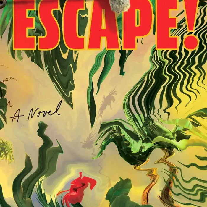The book cover for escape by Stephen Fishbach features bold red letters with green foliage and abstract yellow patterns