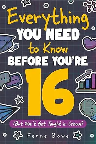 A vibrant grid-patterned book cover with bold yellow and white text for everything you need to know before youre 16 by ferne bowe