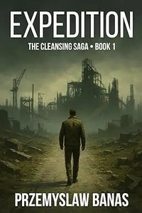 The cover art for Expedition the Cleansing Saga book 1 by Przemyslaw Banas shows a lone figure in dark clothing walking toward an industrial ruin