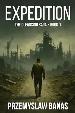 The cover art for Expedition the Cleansing Saga book 1 by Przemyslaw Banas shows a lone figure in dark clothing walking toward an industrial ruin