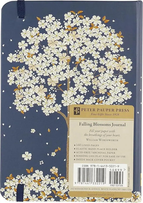A navy blue falling blossoms journal with a delicate white flower and gold leaf illustration and matching elastic band