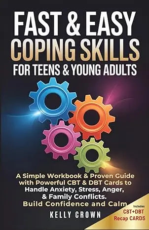 The book cover for fast and easy coping skills features bold white and gold text with colorful interlocking gears