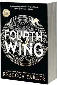 Black hardcover book fourth wing with silver foil lettering and an intricate circular design on the cover