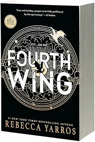 Black hardcover book fourth wing with silver foil lettering and an intricate circular design on the cover