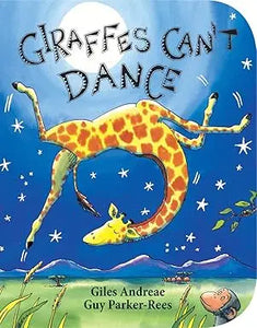 A whimsical children’s book cover featuring a yellow giraffe with brown spots dancing in a starry night sky titled giraffes can’t dance by giles andreae and guy parker-rees