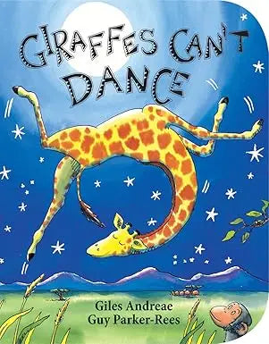 A whimsical children’s book cover featuring a yellow giraffe with brown spots dancing in a starry night sky titled giraffes can’t dance by giles andreae and guy parker-rees