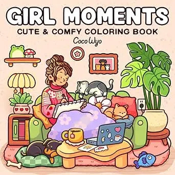 Cute and comfy coloring book girl moments by cocowyo featuring a whimsical girl with cats on a cozy couch illustration