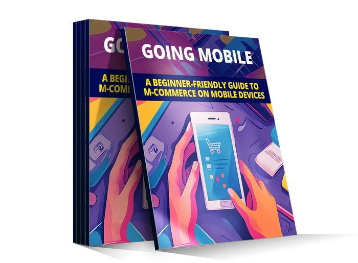 Going mobile paperback book with colorful cover showing hands holding smartphone and shopping cart icons for m commerce