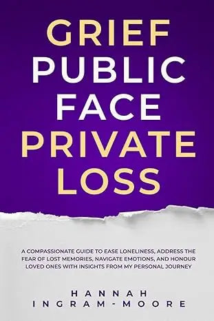 Purple book cover for grief public face private loss with gold lettering and torn paper effect at the bottom