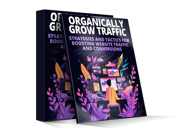 Dark blue hardcover book organically grow traffic with vibrant purple pink and yellow digital device illustrations