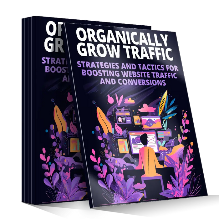 Dark blue hardcover book organically grow traffic with vibrant purple pink and yellow digital device illustrations