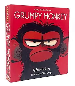 Red hardcover board book grumpy monkey by suzanne lang illustrated by max lang for children reading