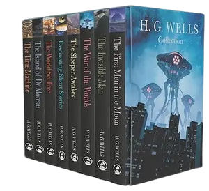 H g wells collection 8 books box set with colorful cover art featuring classic science fiction themes