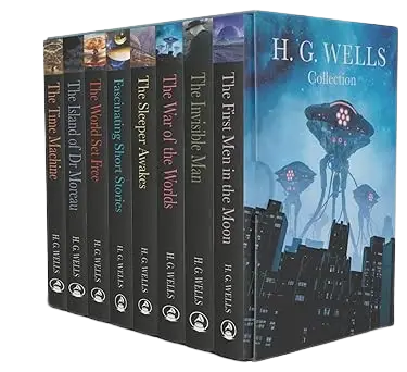H g wells collection 8 books box set with colorful cover art featuring classic science fiction themes