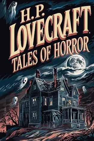 Dark gothic style house with steep roof and chimneys under full moon for h p lovecraft tales of horror product