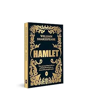 Dark blue hardcover edition of william shakespeare hamlet with ornate gold foil detailing on cover and spine