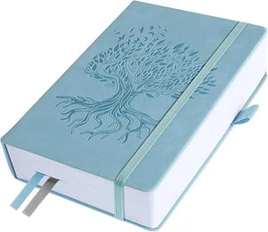 Hardcover leather journal for women and men in light blue with embossed tree of life and birds design elastic band and ribbon bookmarks