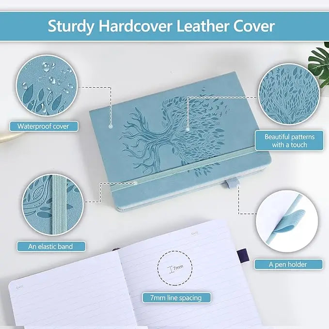 Hardcover leather journal for women and men in light blue with embossed tree of life and birds design elastic band and ribbon bookmarks