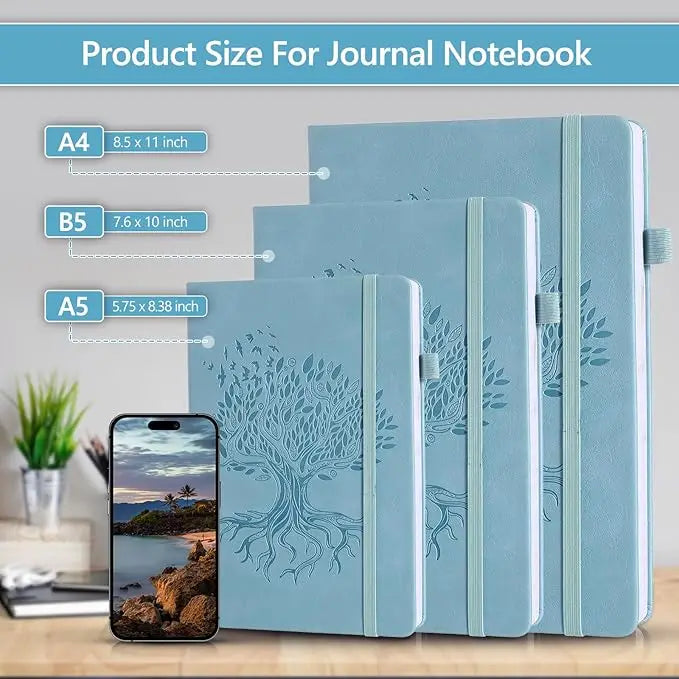 Hardcover leather journal for women and men in light blue with embossed tree of life and birds design elastic band and ribbon bookmarks