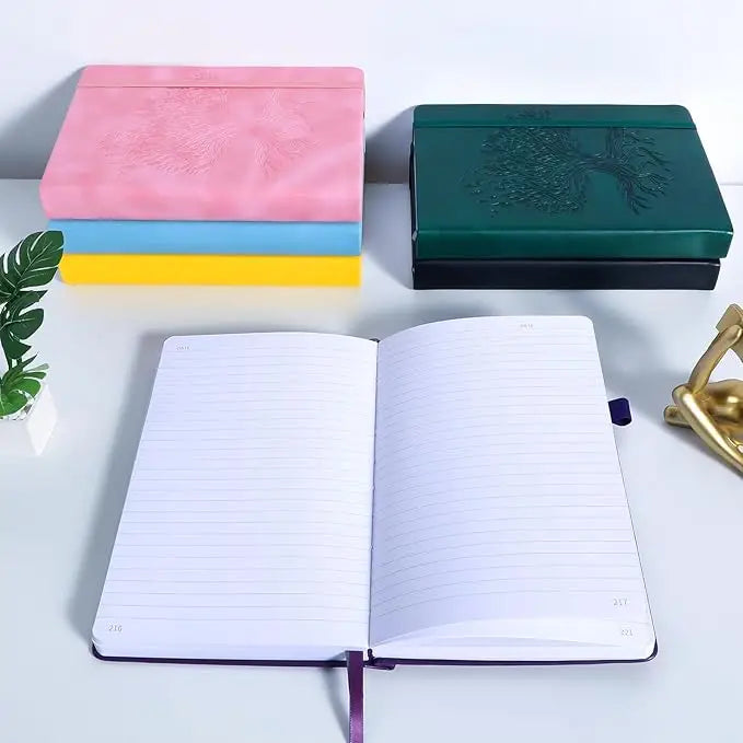 Hardcover leather journal for women and men in light blue with embossed tree of life and birds design elastic band and ribbon bookmarks