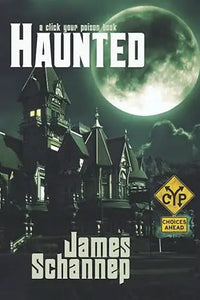 Haunted book cover showing a gothic mansion under a full moon with eerie green lighting and bold white title text