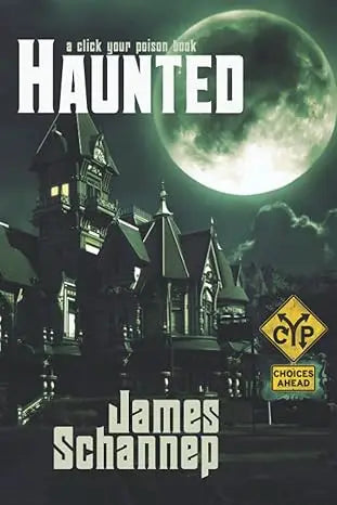 Haunted book cover showing a gothic mansion under a full moon with eerie green lighting and bold white title text