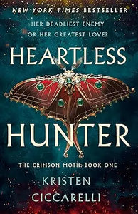 Heartless Hunter the Crimson Moth book 1 cover features a crimson moth with gold detailing and emerald gemstones on dark cosmic background