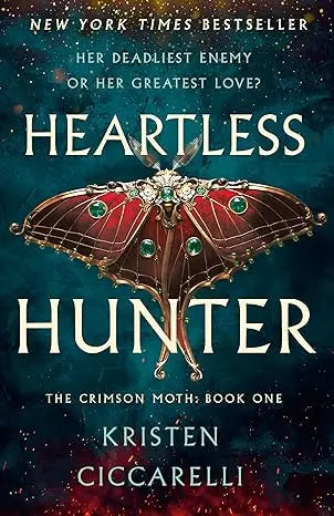 Heartless Hunter the Crimson Moth book 1 cover features a crimson moth with gold detailing and emerald gemstones on dark cosmic background