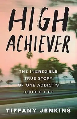 The high achiever book cover with bold black lettering on a blurred palm tree background with motion blur effects