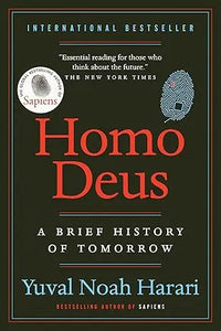 The book cover of Homo Deus by Yuval Noah Harari features bold red and white title on a dark green background