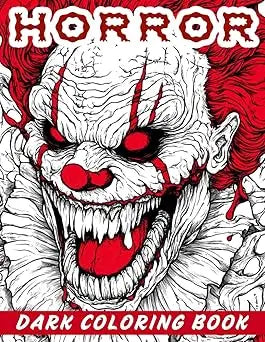 Horror coloring book for adults with 50 pages featuring a black and white menacing clown with red accents