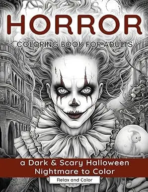 Black-and-white horror coloring book for adults featuring a menacing clown and gothic architecture design