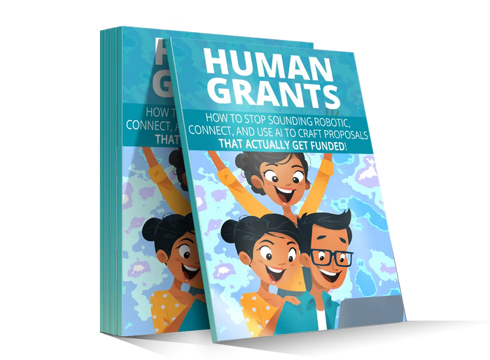 Blue-covered human grants guidebook with cartoon illustrations of diverse people on the cover
