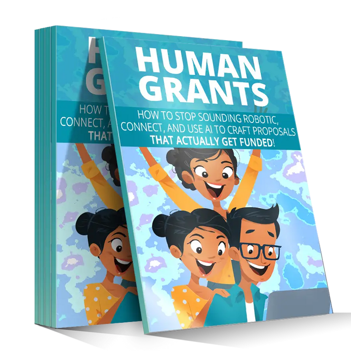 Blue-covered human grants guidebook with cartoon illustrations of diverse people on the cover