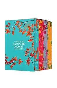 The deluxe hunger games box set features vibrant autumn-themed covers with teal orange and red leaf designs and stenciled edges