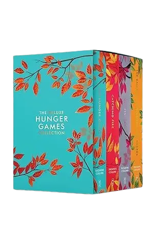 The deluxe hunger games box set features vibrant autumn-themed covers with teal orange and red leaf designs and stenciled edges