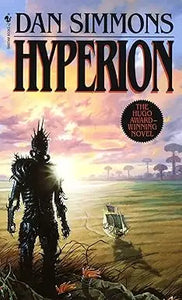The cover of dan simmons hyperion features a dark armored figure against a surreal sunset landscape
