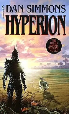 The cover of dan simmons hyperion features a dark armored figure against a surreal sunset landscape