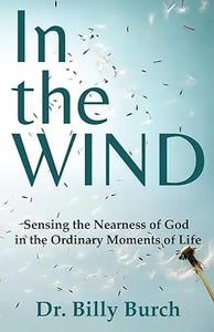 The book cover of in the wind features bold dark teal lettering and floating dandelion seeds on a soft blue sky background