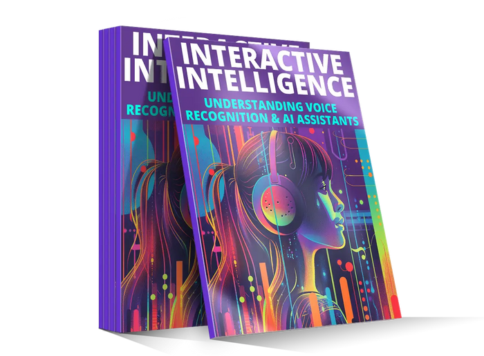 Vibrant purple hardcover book interactive intelligence featuring a woman with headphones on a neon digital background