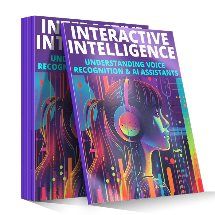 Vibrant purple hardcover book interactive intelligence featuring a woman with headphones on a neon digital background