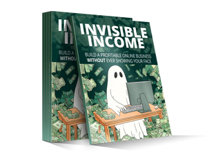 Invisible income book with dark green cover featuring bold white text and a white ghost character working at a desk with money