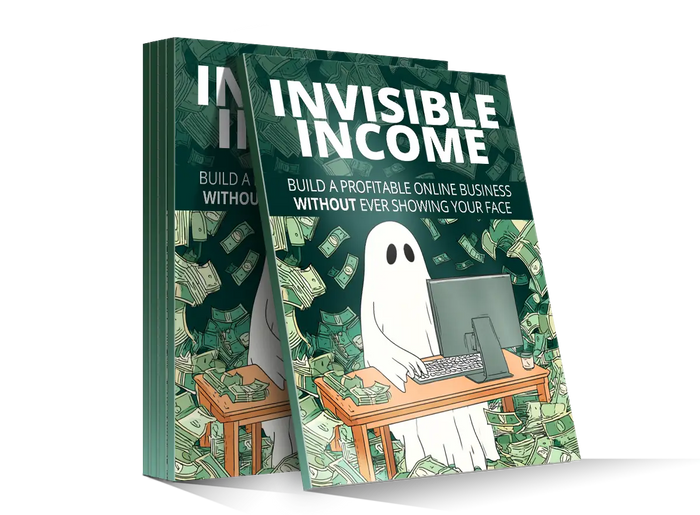 Invisible income book with dark green cover featuring bold white text and a white ghost character working at a desk with money