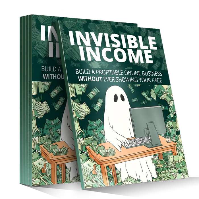 Invisible income book with dark green cover featuring bold white text and a white ghost character working at a desk with money