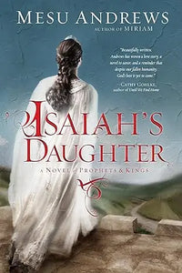 A woman in a flowing white lace gown with an ornate neckline and long braid standing on stone steps in isaiahs daughter