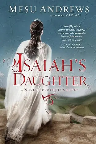 A woman in a flowing white lace gown with an ornate neckline and long braid standing on stone steps in isaiahs daughter