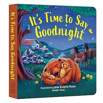It’s time to say goodnight children’s board book with colorful animal illustrations under a starry night sky cover