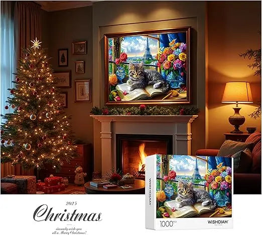 A 1000 piece jigsaw puzzle featuring a fluffy tabby kitten with yellow eyes on a book near flowers and the eiffel tower view