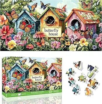 Colorful wooden butterfly house puzzle box with vibrant floral and insect designs for challenging family fun