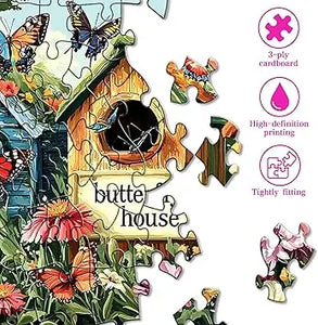 Colorful 3-ply cardboard 1000 piece jigsaw puzzle featuring a butterfly haven birdhouse and floral design for adults